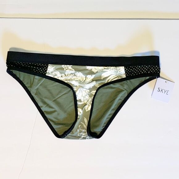 Skye Swimwear Green Floral Hibiscus Black Mesh Side Bikini Swim Bottoms Small - Picture 2 of 9